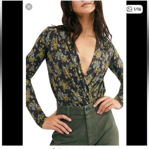 39. Free People Turnt Night Wrap Night Combo Floral Bodysuit - Black and Yellow